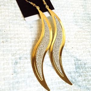 Gold tone S glitter long dangle earrings
